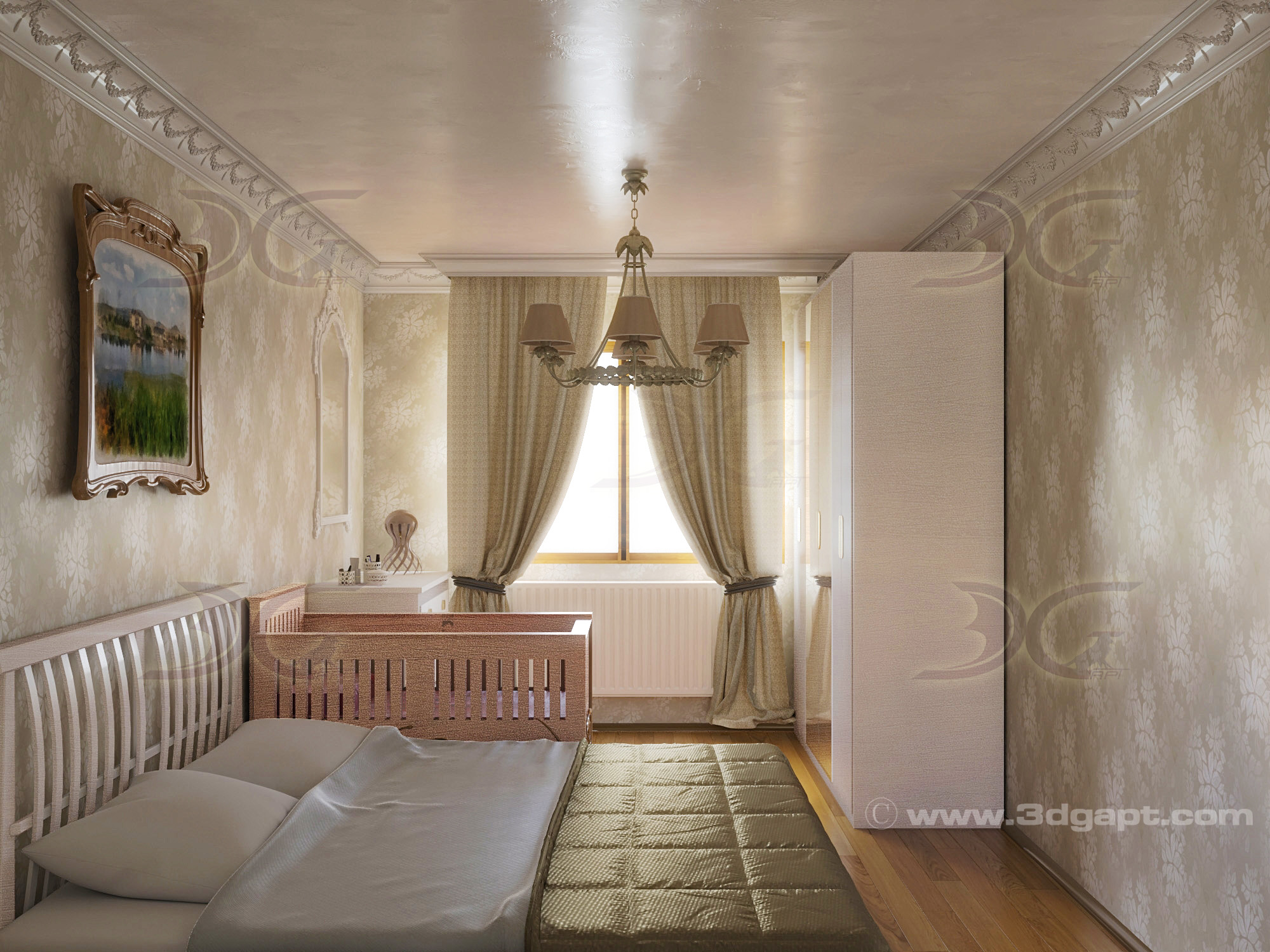 Simple bedroom with bed for family and baby